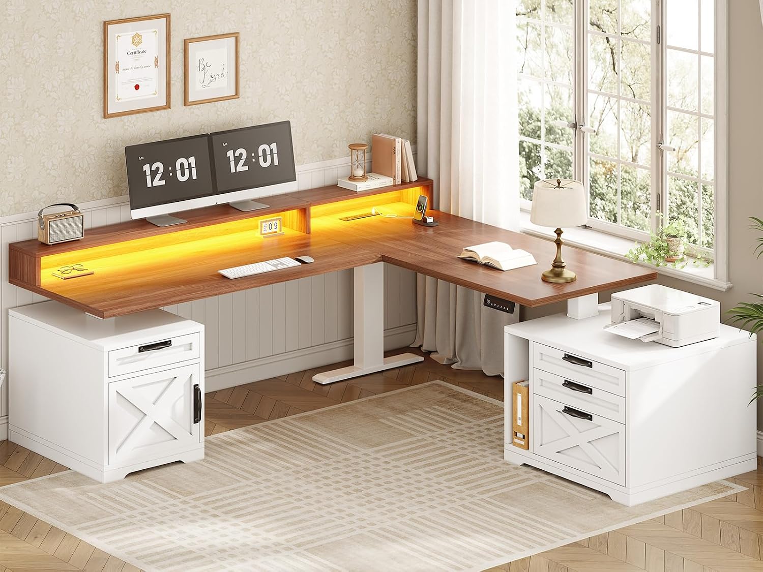 Office Furniture Custom - L-förmiger Stehschreibtisch, höhenverstellbar, mit Schubladen, Steckdose,