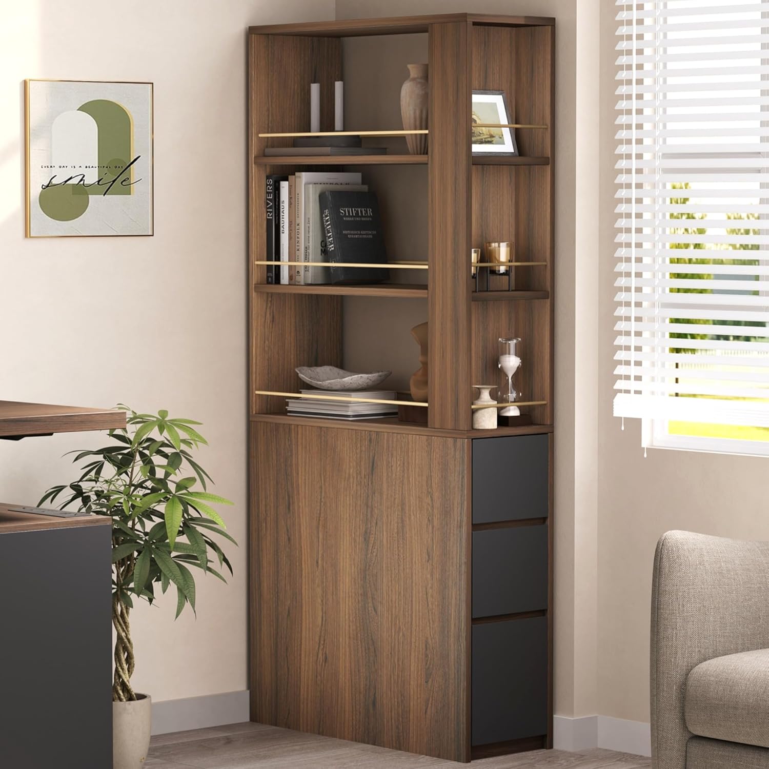 Office Furniture Custom - 71-Zoll-Eckregal mit 3 Schubladen, schmales 3-stufiges