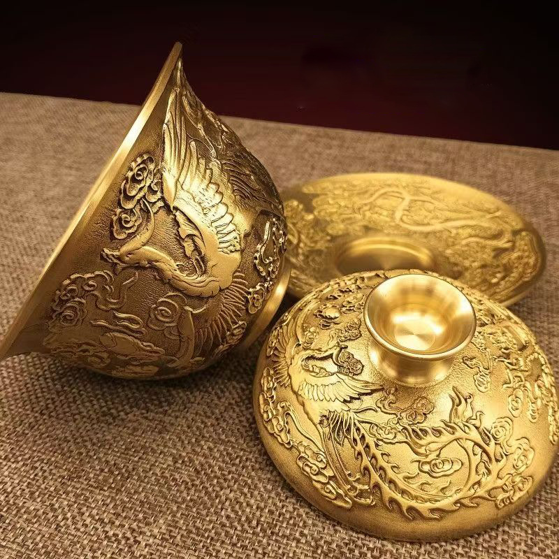 Office Furniture Phoenix - Messing-Gaiwan-Set „Hundert Segen“ mit Drachen- und